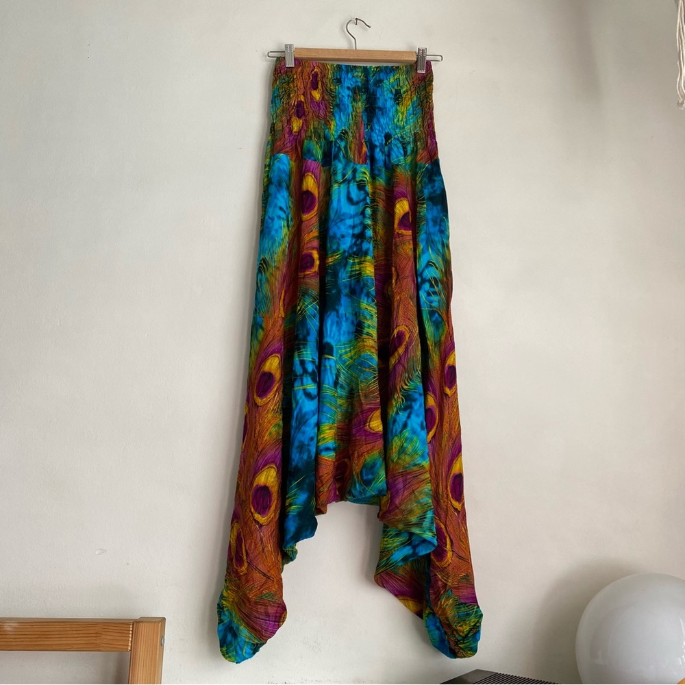 Colorful Festival Wide blue peacock feather harem pants